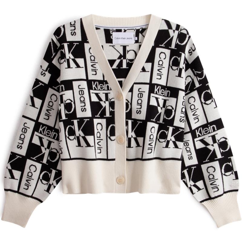 

Calvin Klein Минималистичный жаккардовый свитер с V-образным вырезом и буквами, женские топы, черный, белый J222385YBI XS