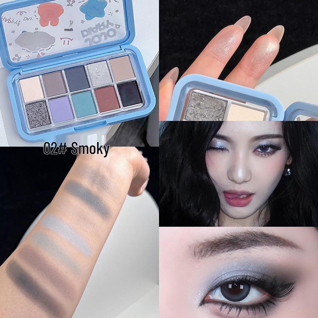 JOJO DIARY Ten-Color Eyeshadow Palette: Cute Paradise Shimmer & Matte, Blue Smoky Eye, Daily Earth Tones.