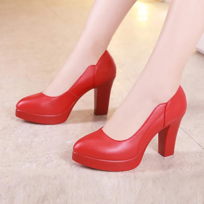 5cm 8cm Small Size 32-43 White Wedding Shoes Women Pumps 2025 Shallow Block High Heels Shoes Soft Leather Office Mom Model Court