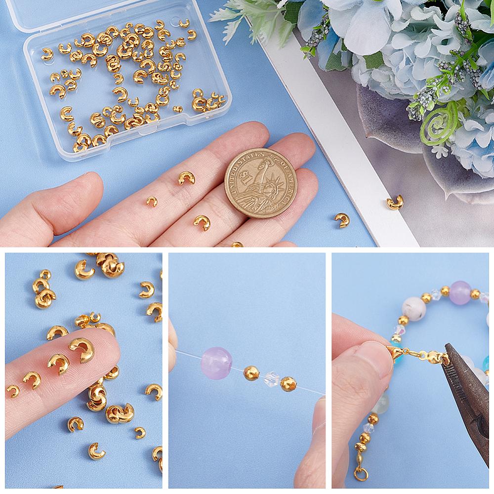 120Pcs 4 Styles 304 Stainless Steel Crimp Beads Cover, Golden, 3~6x1.5~2.5mm, Hole: 1~2mm, 30pcs/style