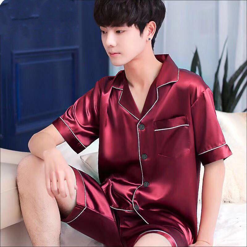 2025 Spring Men's Solid Color Ice Silk Cardigan Pajama Set - Short Sleeve & Shorts