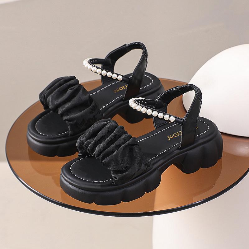 

French pearl platform sandals women s summer 2024 new small one-word with open-toed fairy style Roman shoes 40 чорний