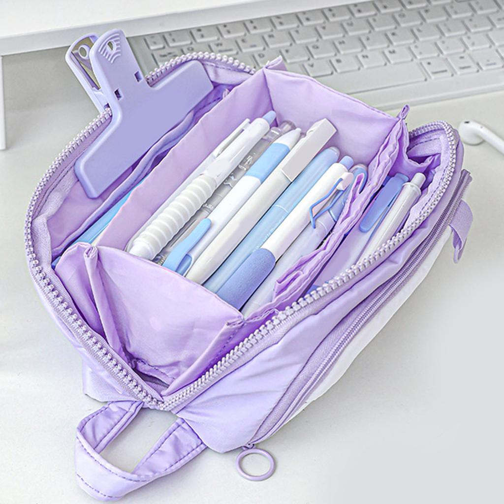 Pen Bag Large Capacity Students Handheld Portable 3 Compartments Travel Storage Organizer Purple