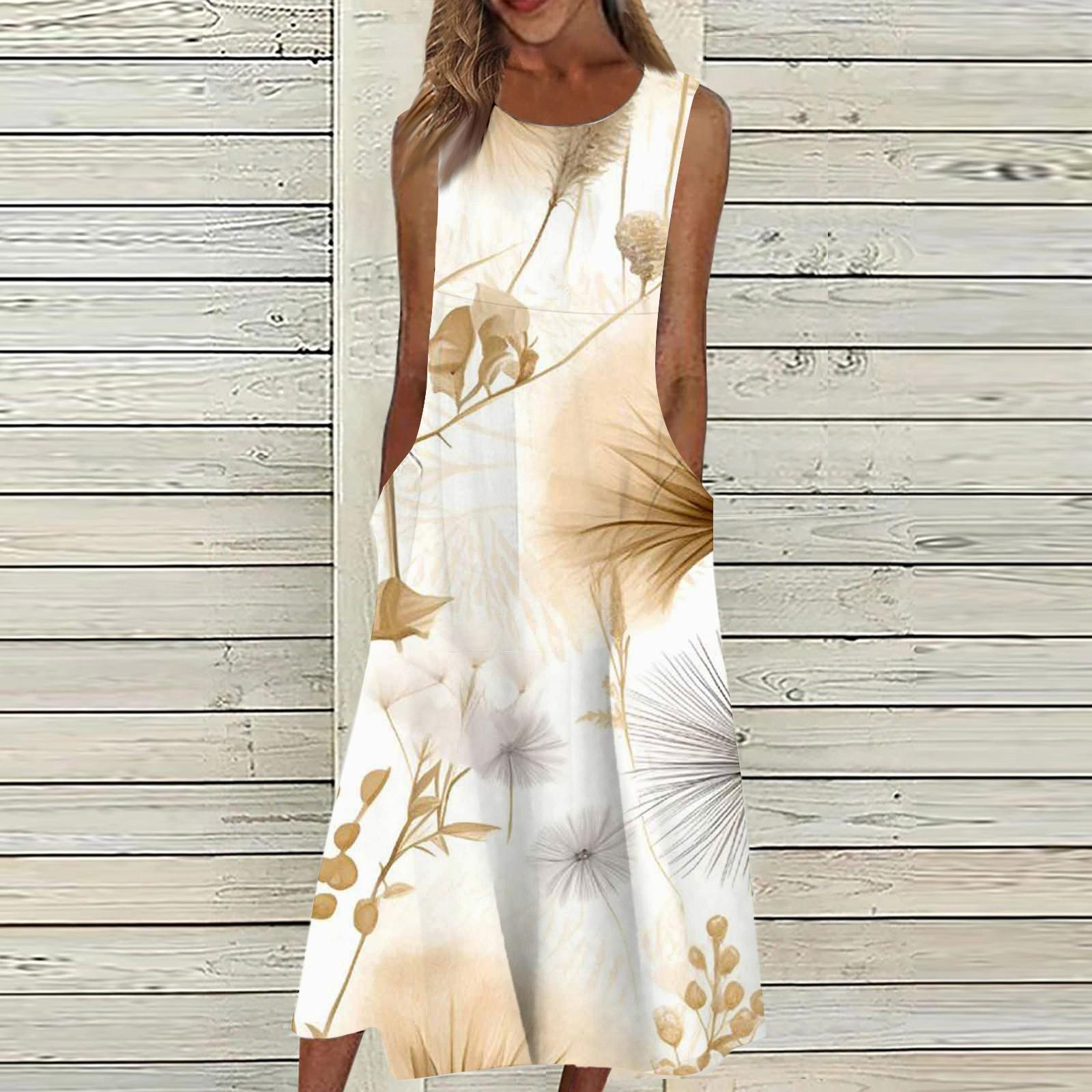 

Жіночі повсякденні сукні з принтом, круглим вирізом, базові класичні повсякденні вільні сукні без рукавів на відкритому повітрі S хакі