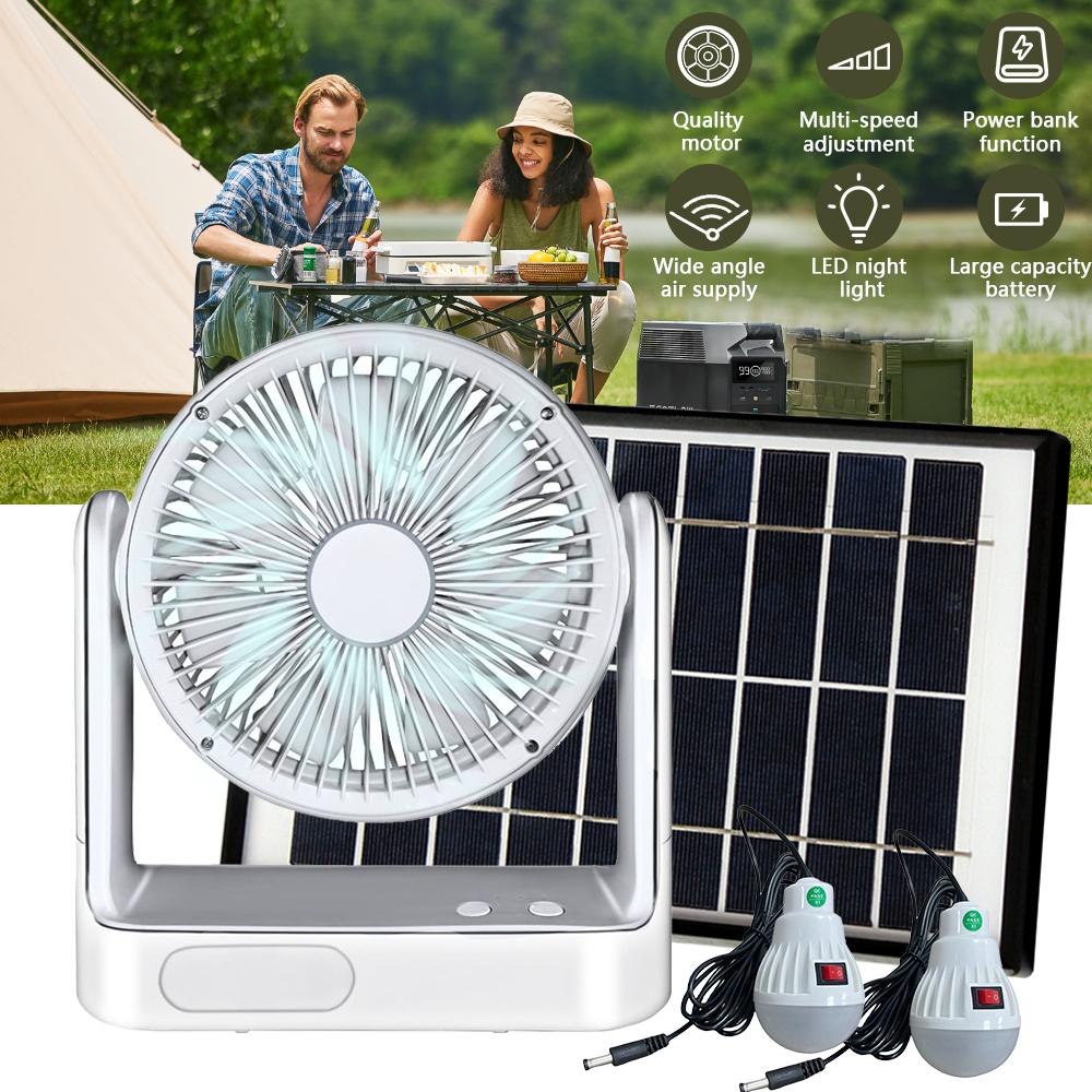 

6-дюймовый USB-перезаряжаемый настольный вентилятор, многофункциональный вентилятор для циркуляции воздуха в спальне с 2 светодиодными лампами и зарядкой от солнечной панели 6 В 4 Вт белый