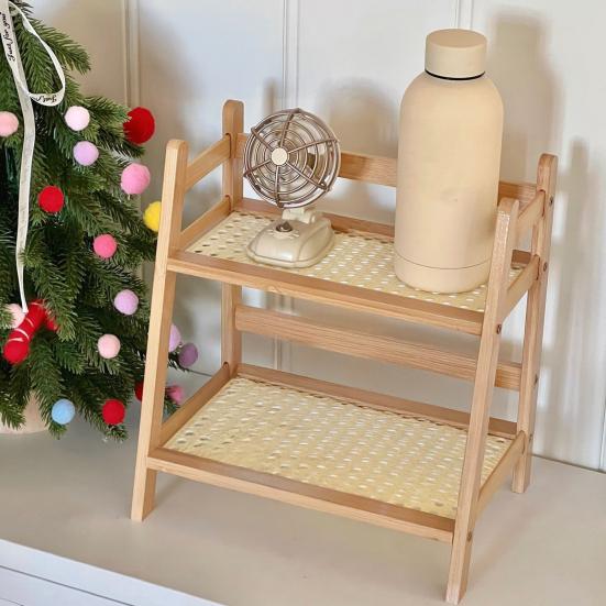 2-Tier Storage Shelf Rustic Wooden Desktop Stand Display Rack Trapezoidal Storage Organizer