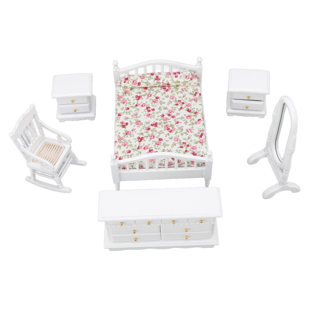 6pcs Set Dollhouse Bedroom Furniture 1:12 Scale Miniature Exquisite DIY Simulation Wooden Doll