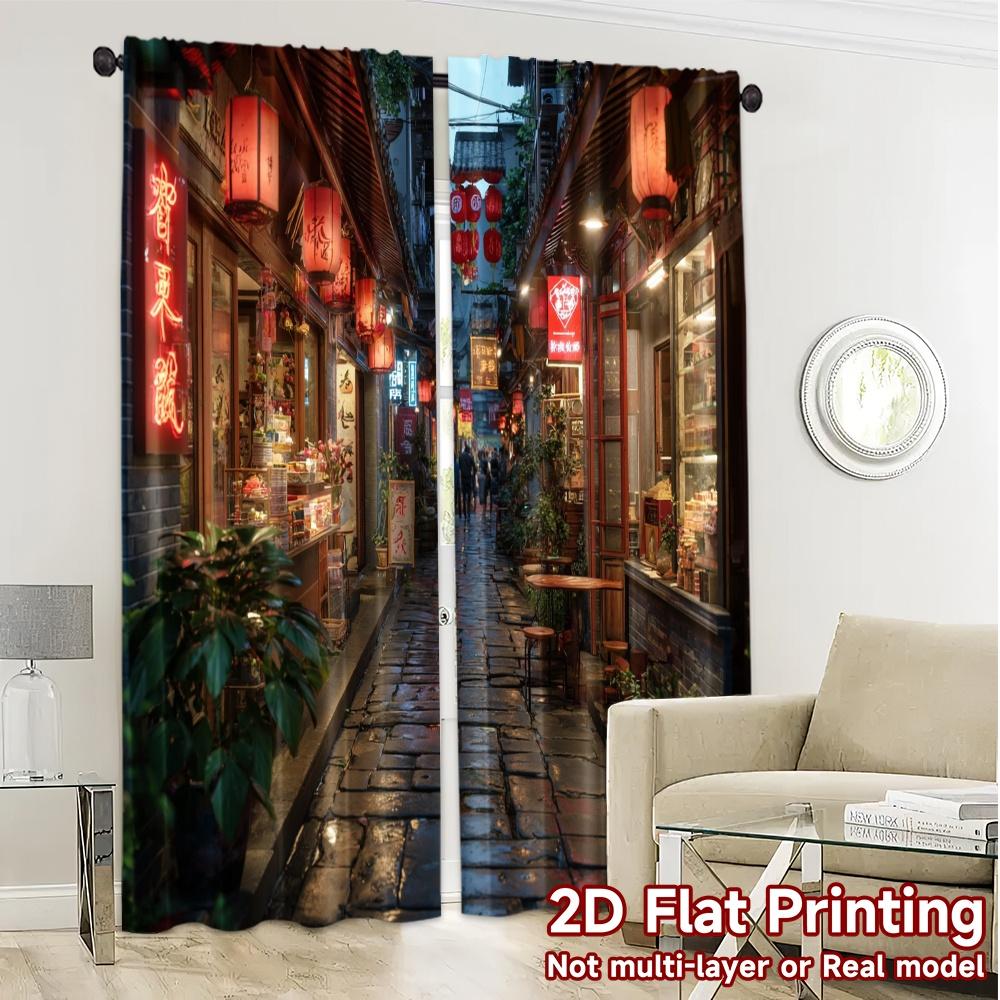2pcs, 2D FLAT PRINTING Curtains (Without Rod) Lantern Alley(1) Chic Curtains Yarn Curtains Gifts Decorative for Bedroom, Living