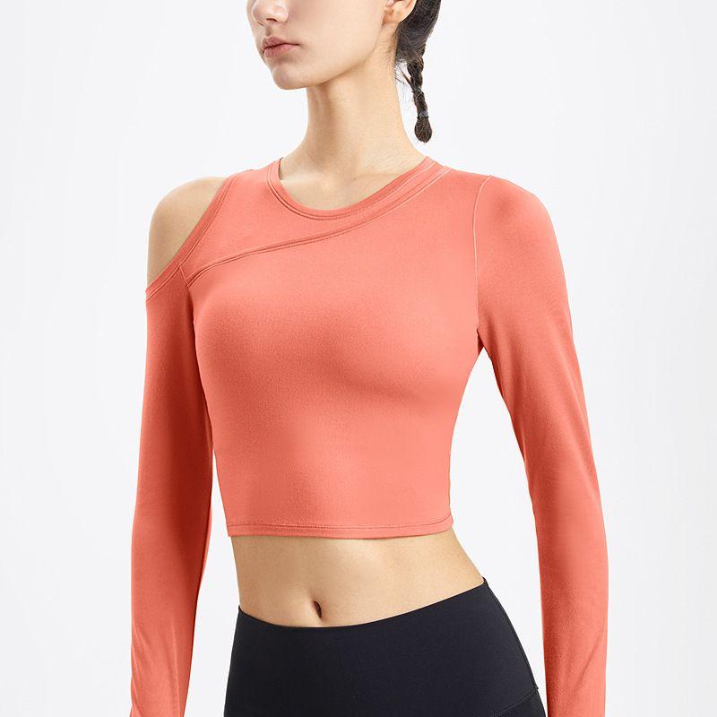 

Fashion 24 New off-the-Shoulder Sports Tops Women s Short Running Workout Vest Crop Top T-shirt Long Sleeve Yoga Clothes Blouse TX02 sweet powder Orange S