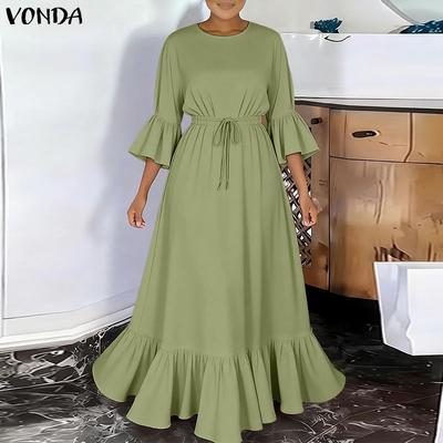 Women V Neck 3/4 Sleeve Casual Loose Drawstring Waist Maxi Rufffled Dress Robes