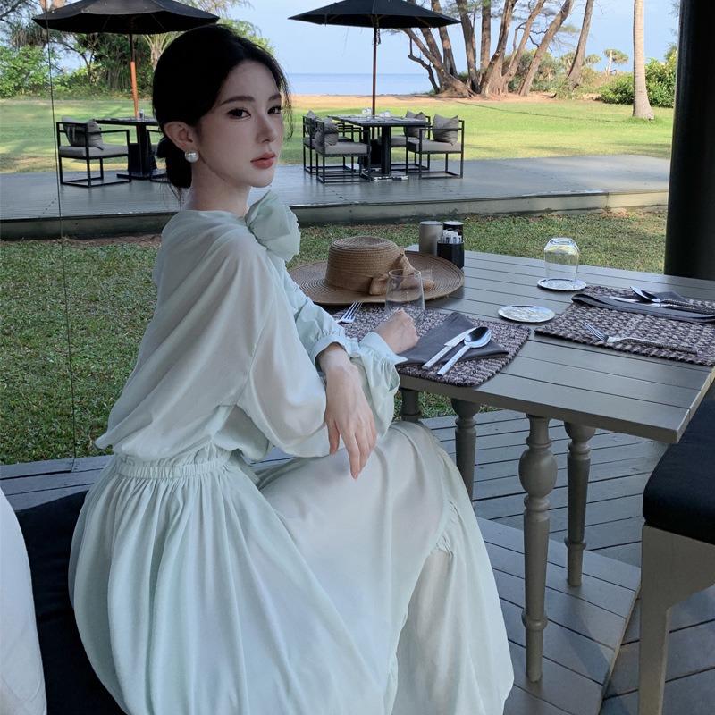 French Temperament High-end Vacation One-word Collar Mint Green Spring and Summer Dress Sunscreen