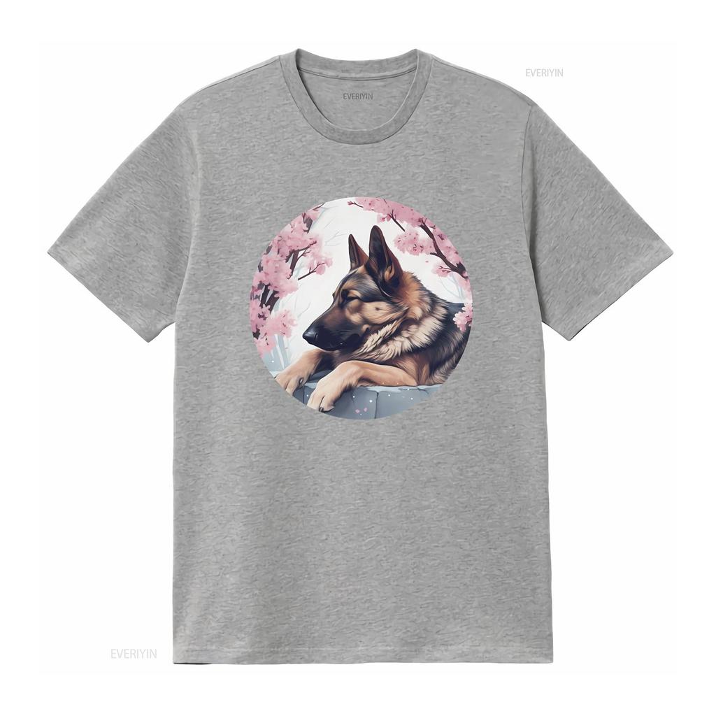 German Shepherd Dog Cherry Blossom T Shirt Perfect GSD Japan for Lovers Vintage Washed Casual Designer Clothes Soft Homme