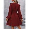Autumn Winter V Neck Lantern Sleeve Pleated Waist Dress