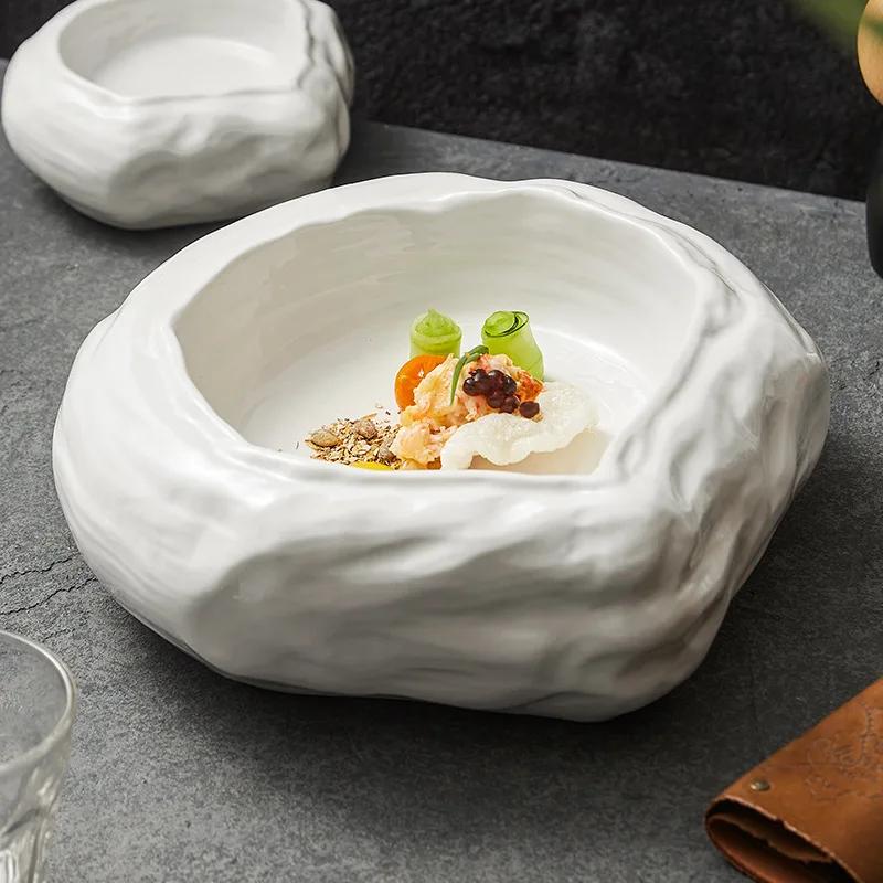 Irregular sharp-angled double bowls, restaurant and club dishes, ceramic tableware, special salad , cooking .