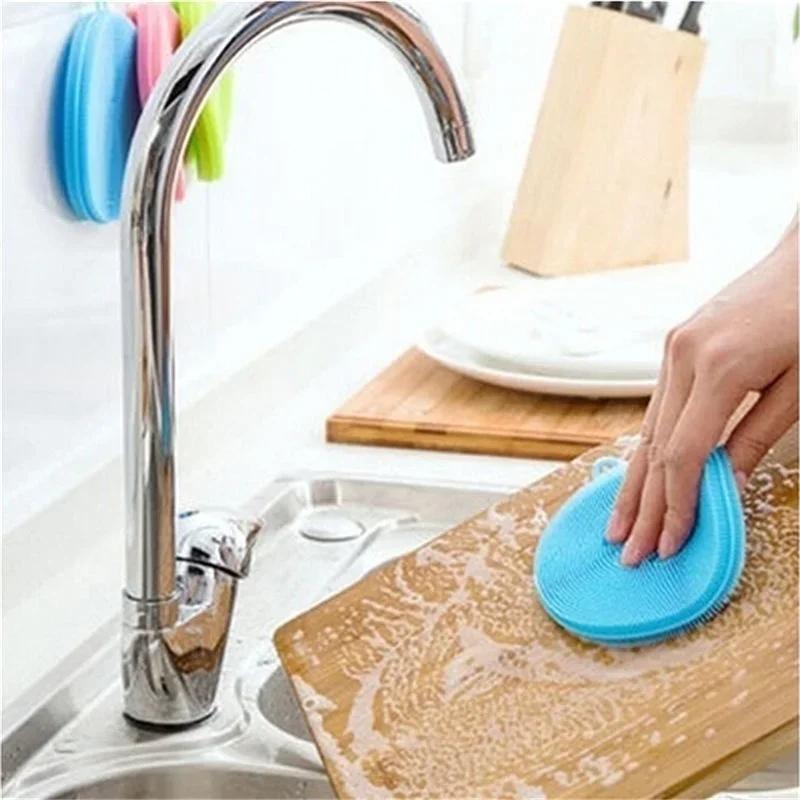 Kitchen Portable Dish Washing Scrubber Silicone Bowl Cleaning Brush Cloth Scouring Pad Pot Kitchen Cleaning Dish Sponge Tools