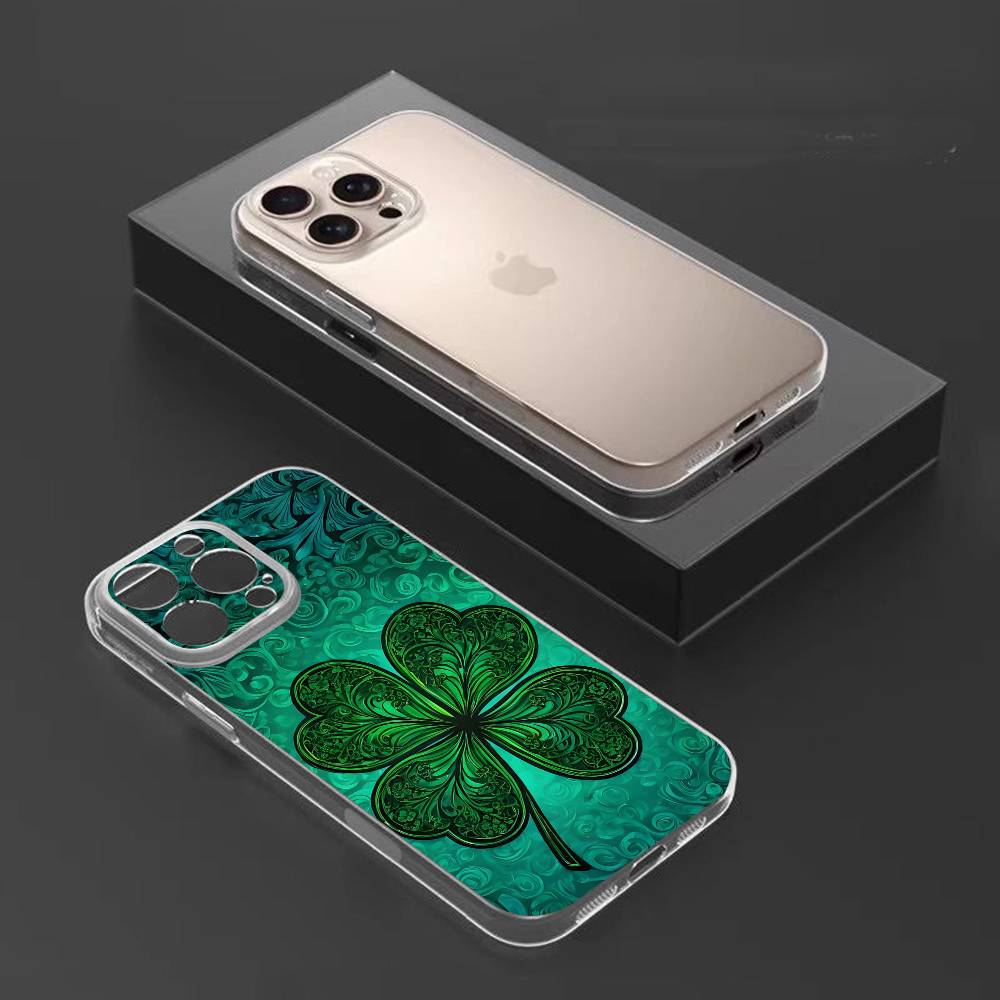 Clover Plant Four Leaf Phone Case For iPhone17,16,15,14,13,12,11 Plus,Pro Max Soft Transparent Cover