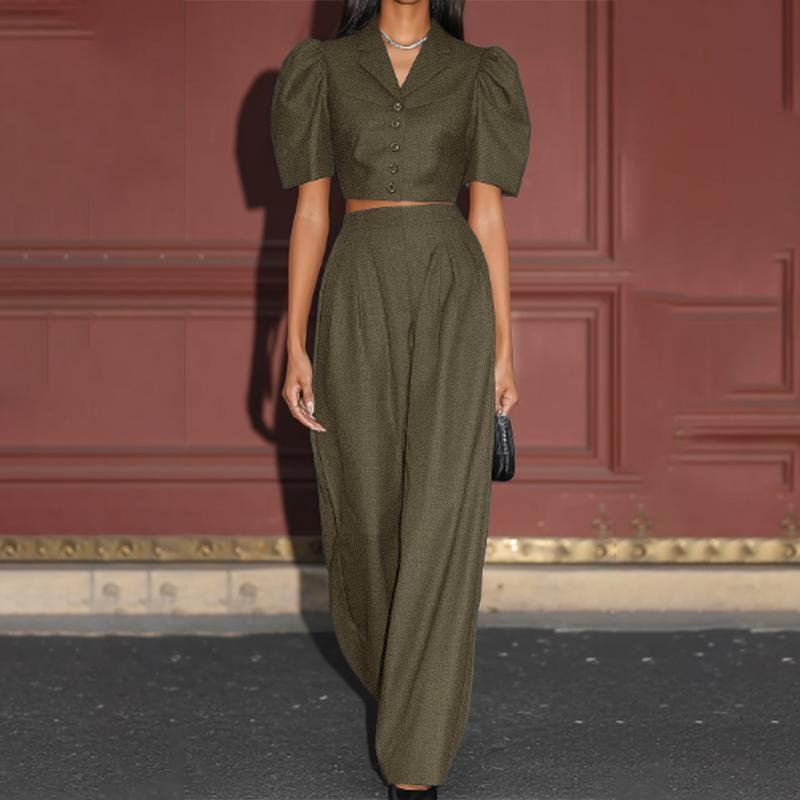 ZANZEA Women Short Sleeve Cropped Tops and Long Pants Two Piece Suit Sets