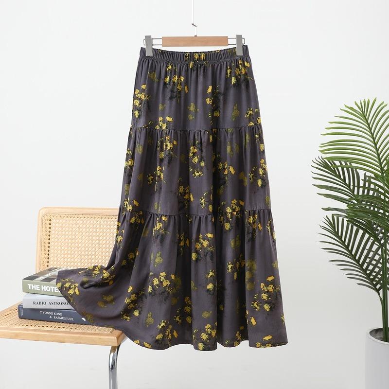 Women's Chaotic Pleated Fashion Floral Half-body Skirt Spring and Summer New Cover Crotch Thin A-line Skirt Printing Splicing Cake Long Skirt
