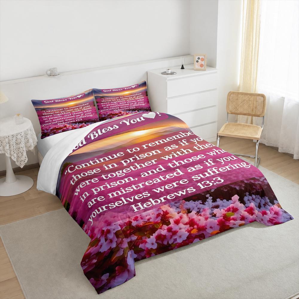 Sunset Flower Field Bible Verse Bedding set (1 duvet cover, 2 pillowcases, duvet not included), Hebrews 13:3 Scripture Art Print