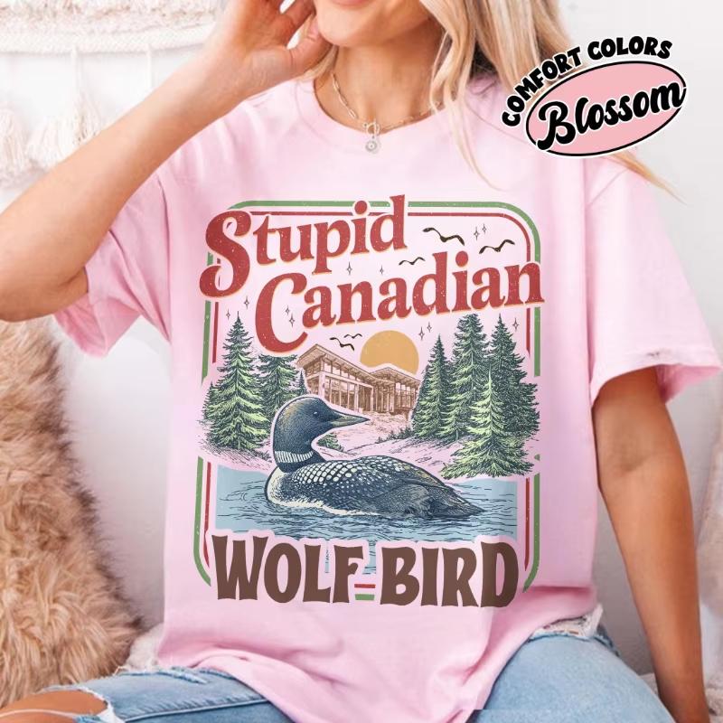 

Spring Summer New Arrivals Stupid Canadian Wolf Bird Shirt Summer Unisexs and Womens Loose and Breathable Tshirt Top S