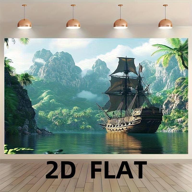 2D Plane, 1 Piece of Pirate Ship Sail Banner Ocean Scenery Theme Polyester Fabric, Suitable for Festival Parties