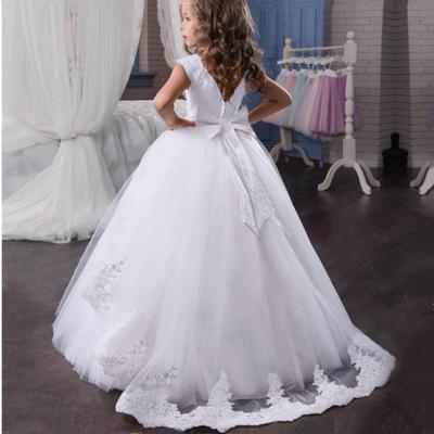 Abito Principessa in Pizzo Bianco per Damigella - Abito da Sposa con Strascico Lungo