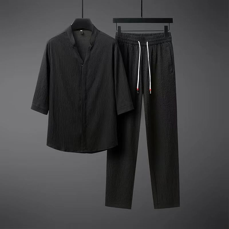 

Men s Ultra-thin Half-sleeve Suit Summer Plus Size Loose Mid-sleeve Two-piece Set 5XL чорний