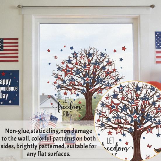 4th of July Window Clings Patriotic American Flag Red Blue White Tree Balloons Stickers Independence Memorial Day Static Decals for Store Glass Decor