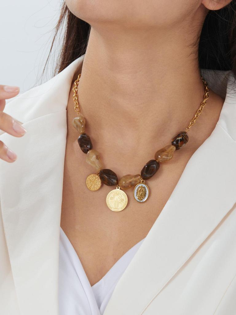 Retro High-End Color Block Resin Beaded Gold-Plated Enamel Oval Portrait Jewelry Set