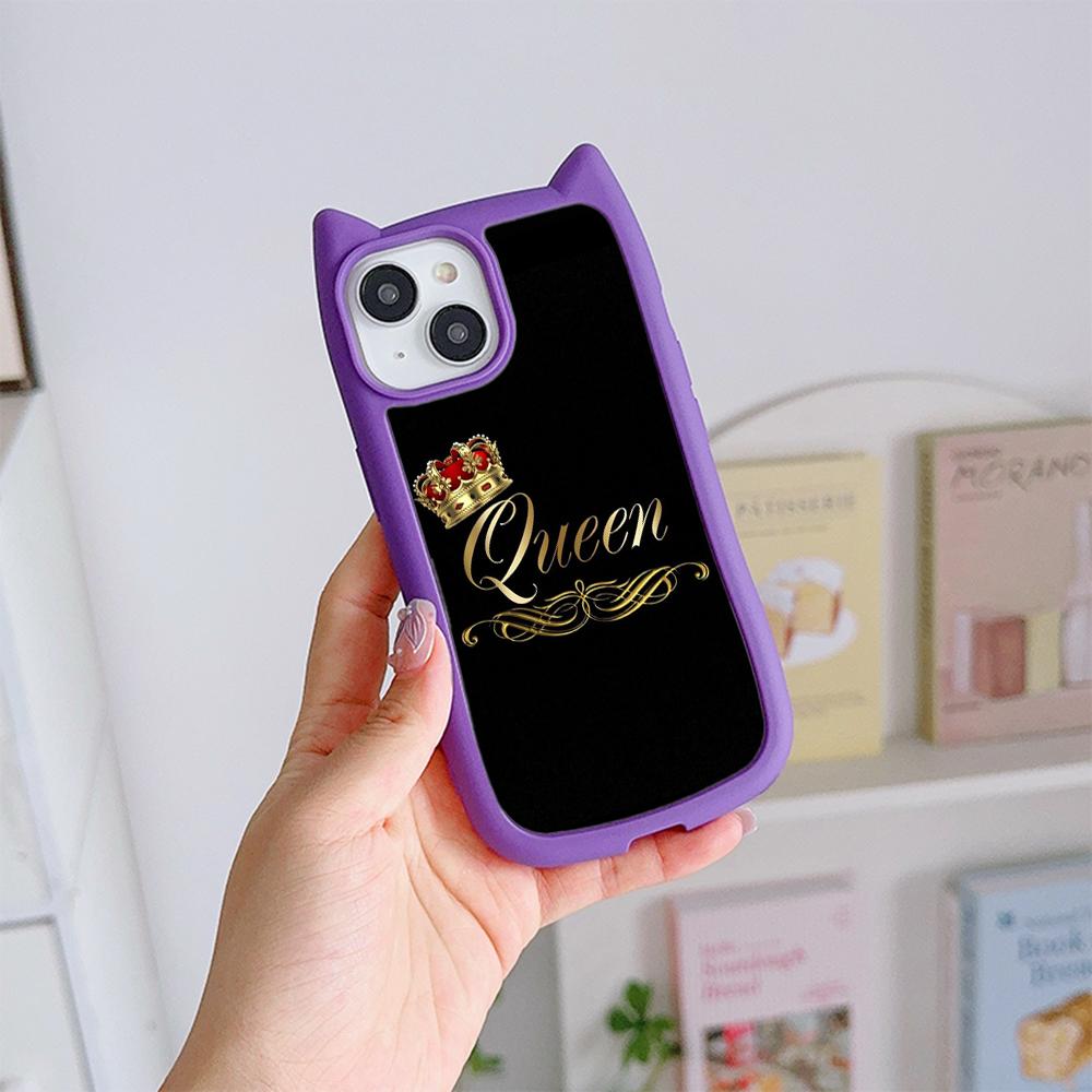Huse de telefon moale pentru ureche de pisică pentru iPhone 16 15 13 12 11 Pro Max 14 Plus XR TPU Copertă din spate acrilic transparent anti-cădere N84 King Queen Cuplu