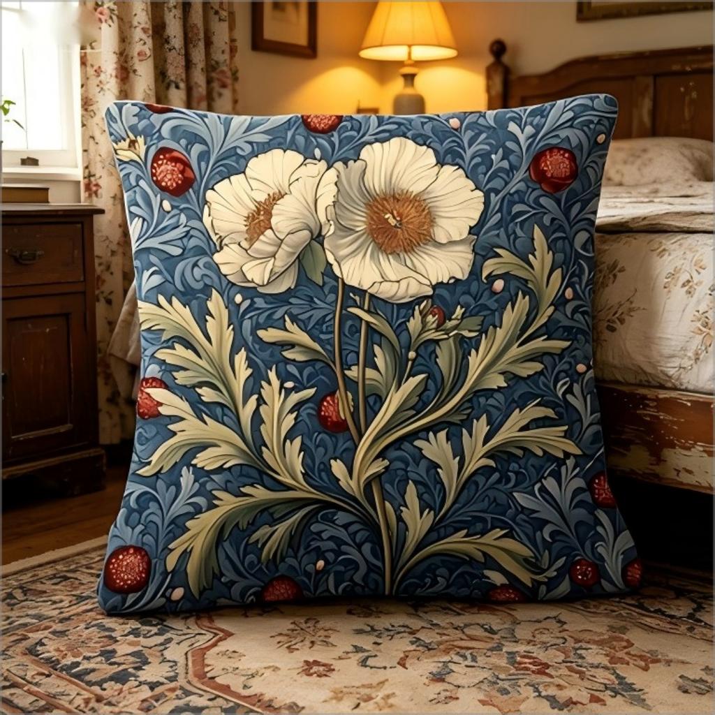 William Morris Inspired Floral Print Throw Pillow Cover, Vintage Botanical Decorative Cushion
