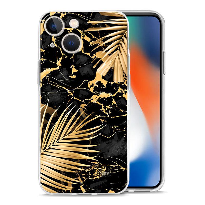 Black Gold marble tropic Luxury Transparent Phone Case For iPhone 15 14 13 12 11 Pro Max XS X XR SE 7 8 Plus Shockproof Cover
