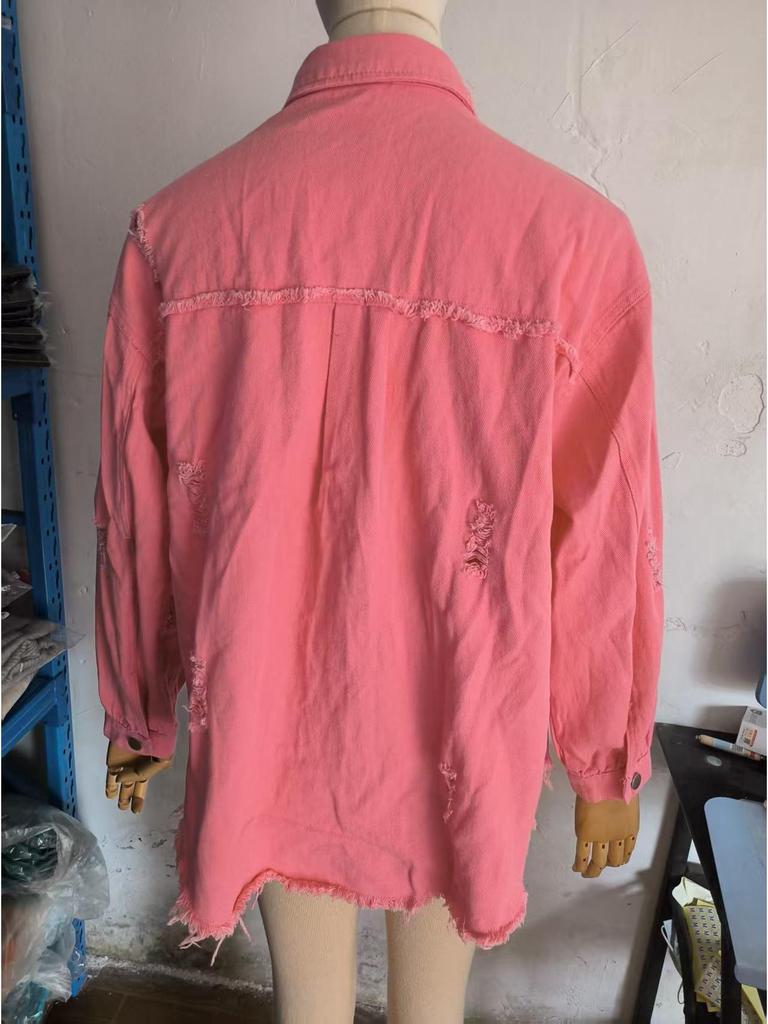 Women's Ripped Denim Jacket - Solid Color, Loose Fit, Long Sleeve, European & American Style