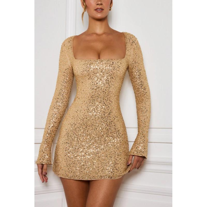 Womens Sequin Cocktail Dress Square Neck Short Party Gown Elegant Lady Style