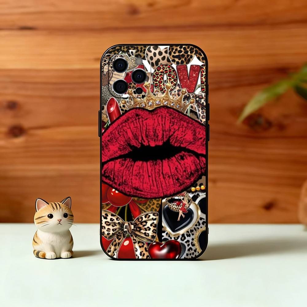 Lip Print Phone Case For iPhone 17,16,15,14,13,12,11 Plus,Pro Max,XS,Soft Silicone Black Cover