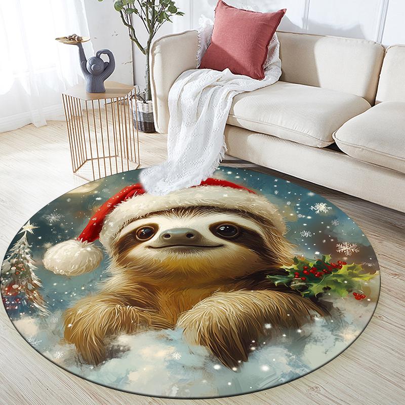 Christmas Sloth Pattern Round rug,Carpet Rug for Living Room Bedroom Playroom ,Non-slip Floor Mat,Holiday Gifts and Birthday Gifts.