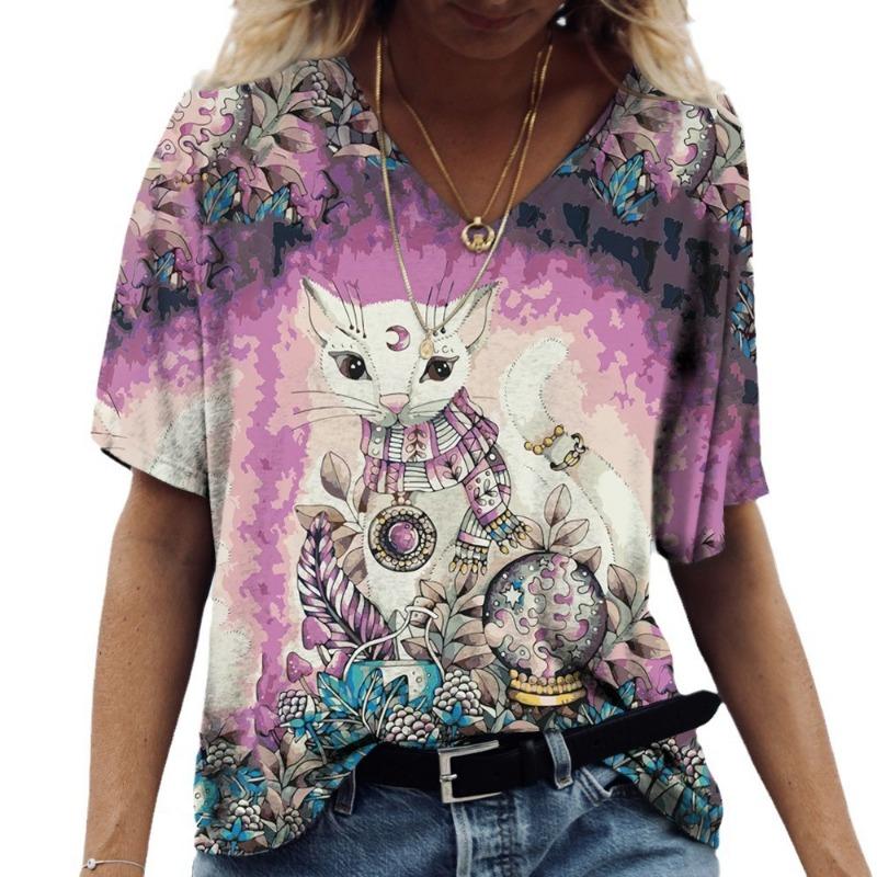 Summer Purple Series Kitten Female Commuter Elegant V-neck Short Sleeve T-Shirts Women’s