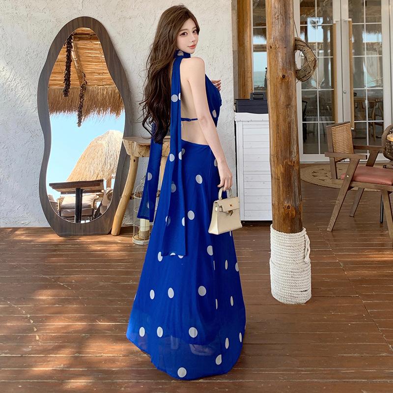 Swinging Collar Polka Dot Print Long Dress Sexy Big Halter Neck Dress Island Vacation Fairy Dress S