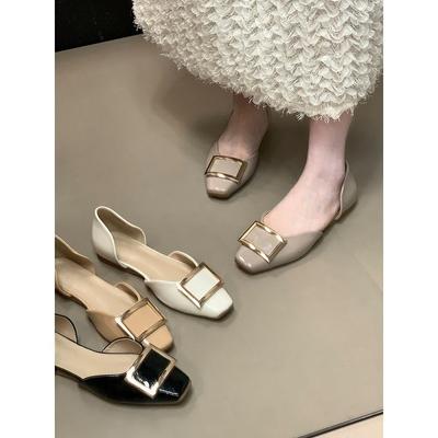 Fashion Square Buckle Hollow Flat Shoes Women's Shallow Mouth One Pedal Mary Jane Shoes French Commuter Shoes