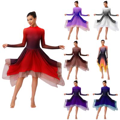 Justaucorps de Danse Lyrique avec Dos Goutte d'Eau et Manches Longues en Mesh Femmes Robe Dégradée Ourlet Irrégulier pour la Performance