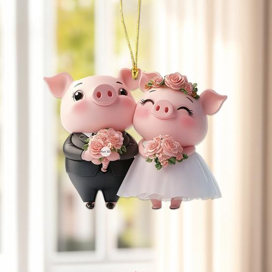 Pig Car Hanging Ornament 2D Acrylic Valentine’s Day Decoration Cute Love Theme Pendant for Rearview Mirror Wedding Party Decor