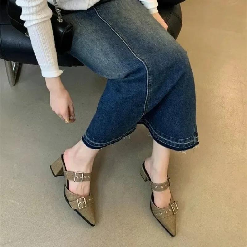 

Mid Heels Women Slippers Pointed Toe Sexy Summer Chunky Sandals 2025 Fashion New Slingback Flip Flops Party Dress Mujer Slides 40 хакі