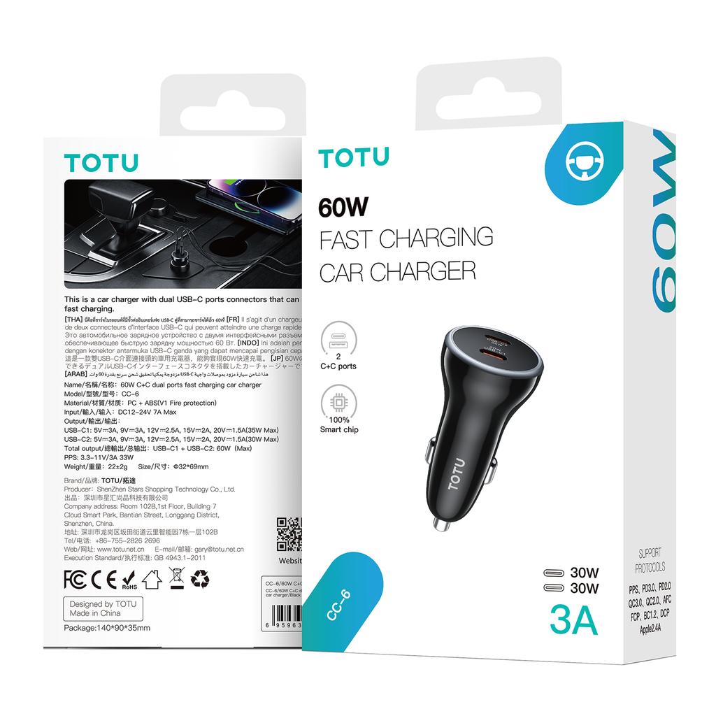 TOTU CC-6 Fast Car Charger Adapter Dual 60W USB-C Ports Cigarette Lighter Car Phone Charger