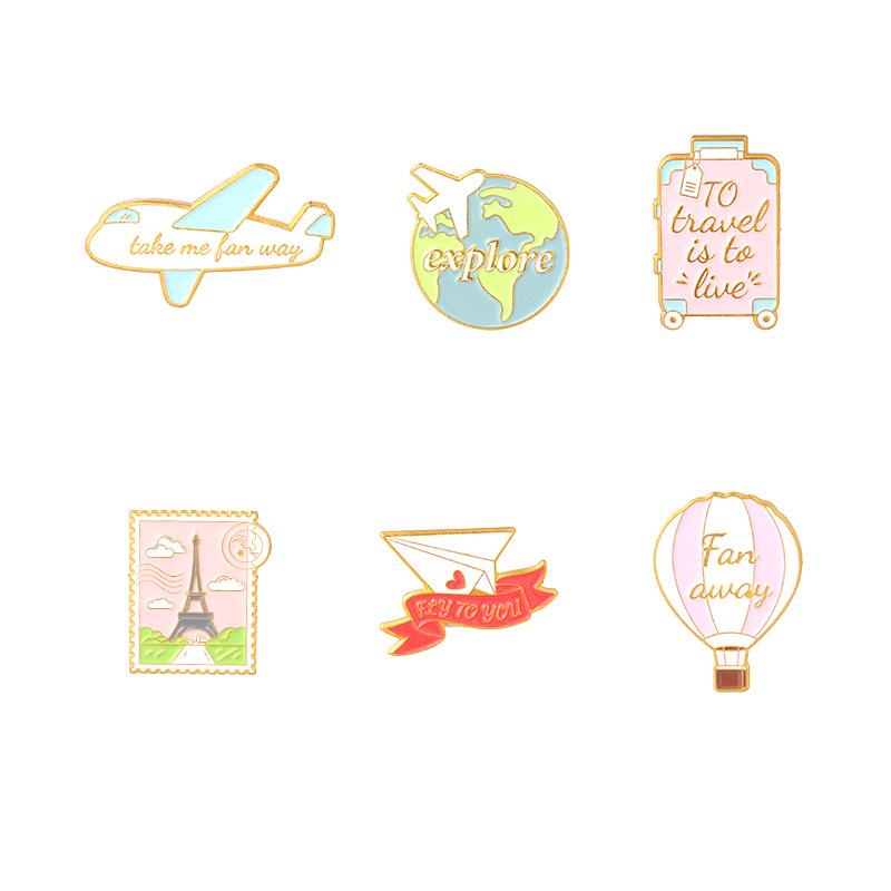 Cartoon Plane Earth Air Balloon Enamel Pin Brooch Cartoon Women Men Denim Jackets Lapel Pins Backpack Badges Kids Fashion Je