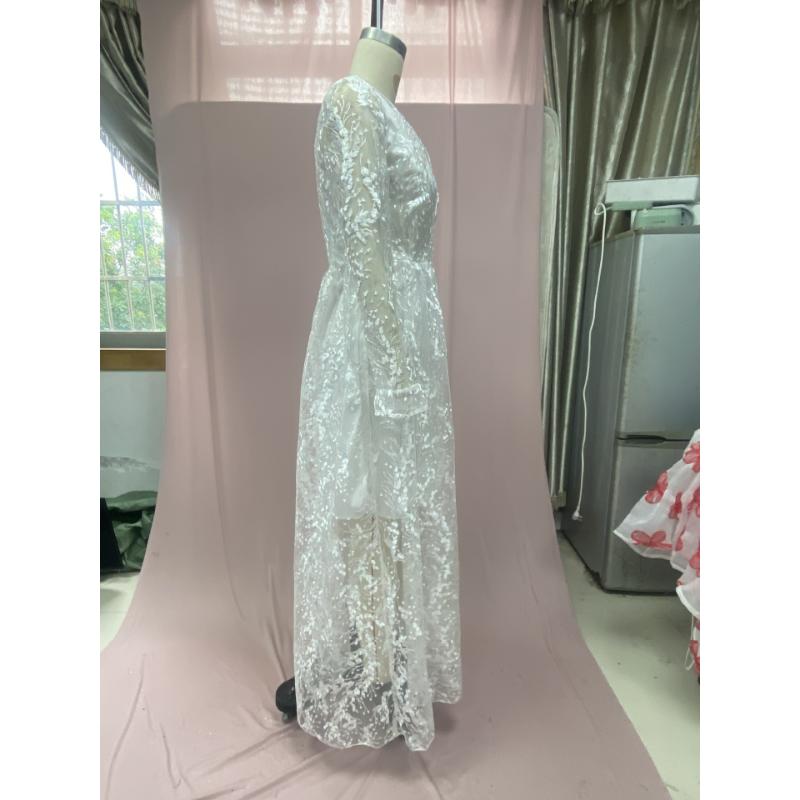 Women White Floral Lace Long Sleeve Deep V Neck Backless Sheer Tulle A Line Summer Wedding Gown Elegant Bridal Evening Prom Formal Party Maxi Dress
