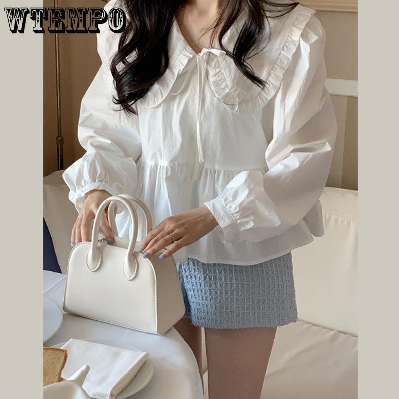 Korean Version Women's Doll Collar Long Sleeved Shirt Fungus Edge Temperament White Shirt