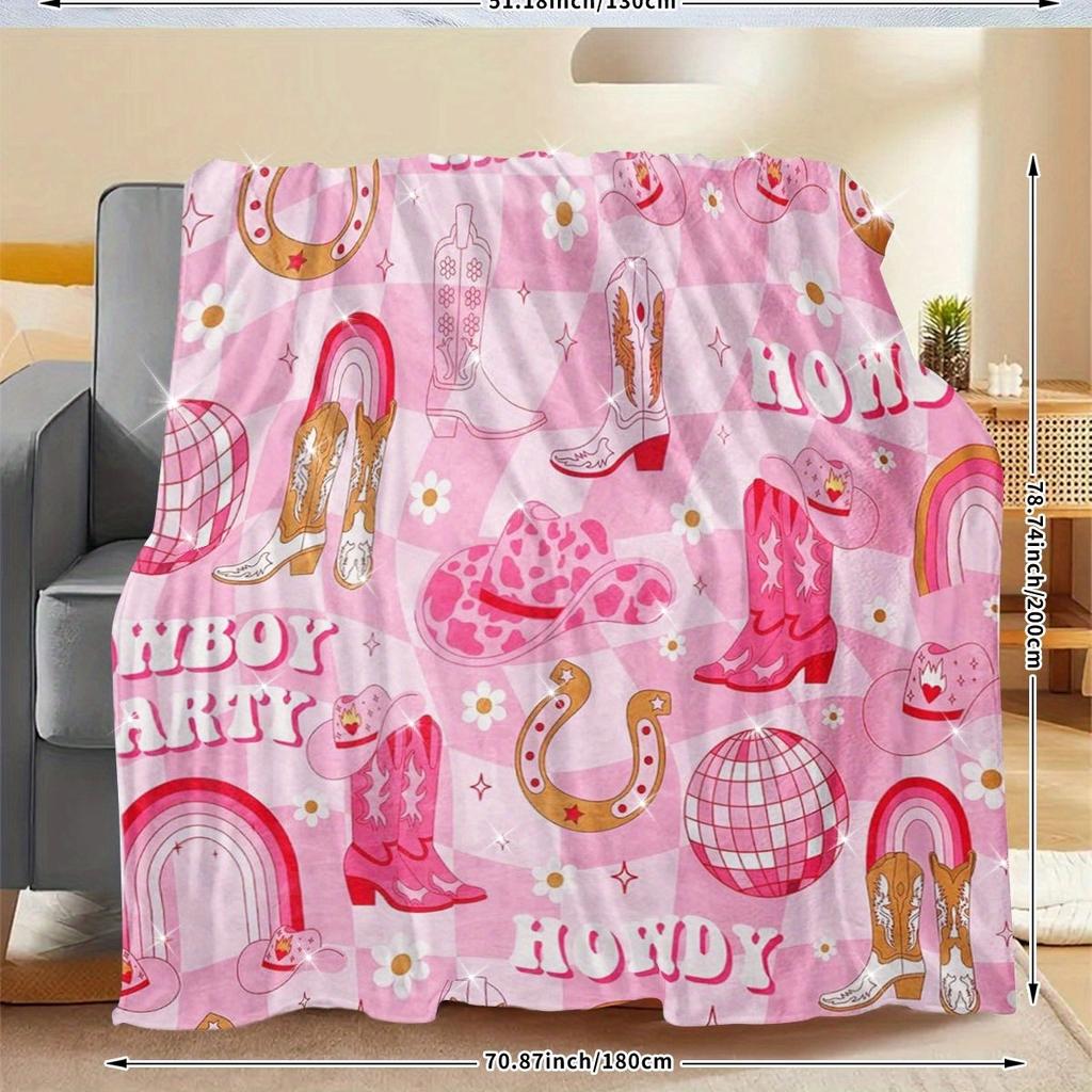 Soft Pink Western-Themed Flannel Throw Blanket with Cowboy Boots And Hat Design - Cozy All-Season Blanket, Ideal for Sofa, Office Naps, Home Decor, An