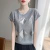 Summer New Round Neck Sequined Knitted Short-sleeved T-shirt Thin Ice Silk Shirt Top for Women