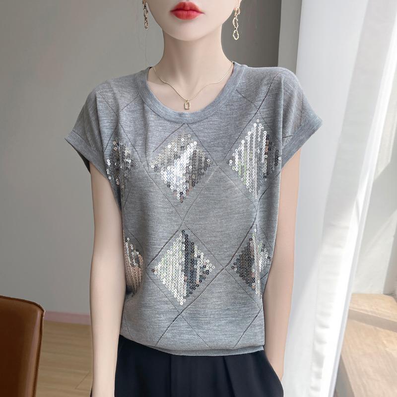 Summer New Round Neck Sequined Knitted Short-sleeved T-shirt Thin Ice Silk Shirt Top for Women