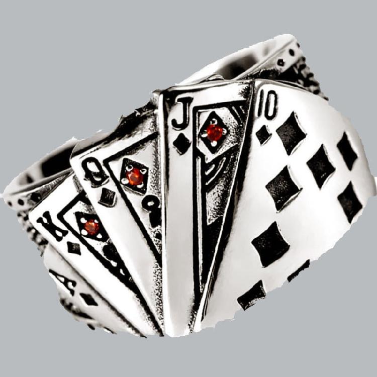 Hip Hop Fashion Exaggerated Cool Opening Ring Playing Card Crystal Rings for Men
